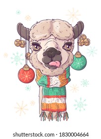 Vector hand drawn illustrations. Portrait of cute alpaca in Christmas accessories. Each object can be changed and moved for your design.