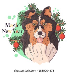 Vector hand drawn illustrations. Portrait of cute collie dog with christmas tree. Each object can be changed and moved for your design.