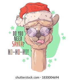 Vector hand drawn illustrations. Portrait of cute alpaca in Santa hat. Each object can be changed and moved for your design.