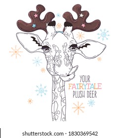 Vector hand drawn illustrations. Portrait of cute giraffe in decorative deer antlers. Line art. Each object can be changed and moved for your design.