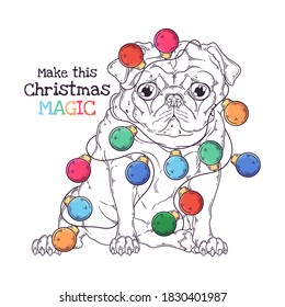 Vector hand drawn illustrations. Portrait of cute pug dog with Christmas garland. Line art. Each object can be changed and moved for your design.