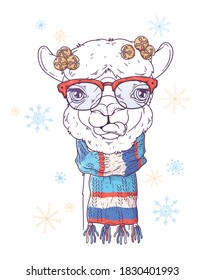 Vector hand drawn illustrations. Portrait of cute alpaca in Christmas accessories. Line art. Each object can be changed and moved for your design.