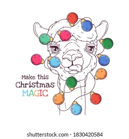 Vector hand drawn illustrations. Portrait of cute alpaca with Christmas garland. Line art. Each object can be changed and moved for your design.