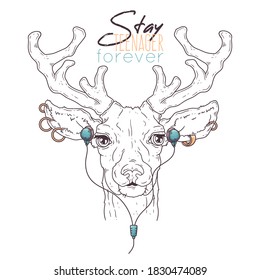 Vector hand drawn illustrations. Portrait of cute deer in musical accessories. Each object can be changed and moved for your design.