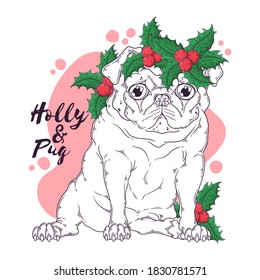 Vector hand drawn illustrations. Portrait of cute pug dog in Christmas accessories. Line art. Each object can be changed and moved for your design.