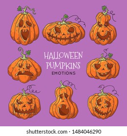 Vector hand drawn illustrations. Realistic symbol of Halloween - pumpkin with a scary and funny face. Each object can be changed and moved for your design.