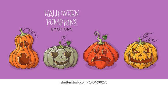 Vector hand drawn illustrations. Realistic symbol of Halloween - pumpkin with a scary and funny face. Each object can be changed and moved for your design.