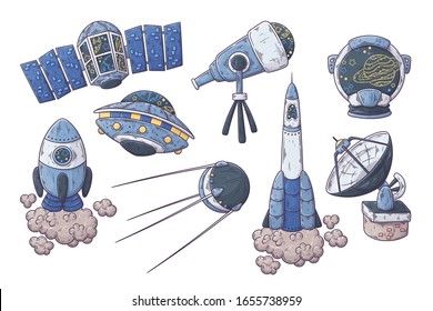Vector hand drawn illustrations of spaceships and planets. Space elements collection. Each object can be changed and moved for your design.