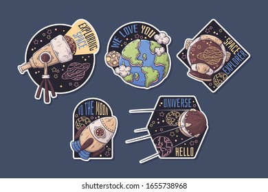 Vector hand drawn illustrations of stickers with thematic text. Space elements collection. Each object can be changed and moved for your design.