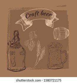 Vector hand drawn illustraton of beer elements. Engraved vintage style. Beer glass, mug, barrel and banner for text. Template for menu cover, poster, chalkboard. Oktoberfest,  Patric day materials.