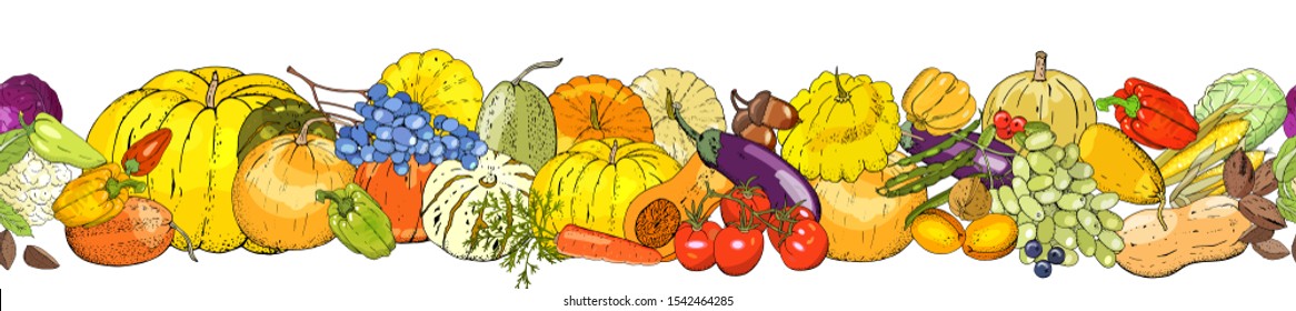 Vector hand drawn image. Isolated drawing autumn border. Thanksgiving holiday decor. Fall leaves,  fruits, vegetables and pumpkins. Trendy autumn vector illustration