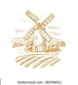 vector hand drawn image of mill and landscape