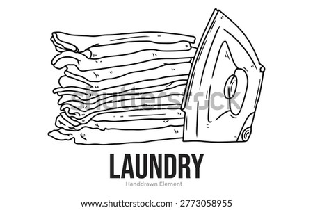 Vector hand drawn image of neat laundry with pile of clothes and iron