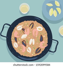 Vector hand drawn image of paella, lunch. Illustration for your design, package, poster, decoration.