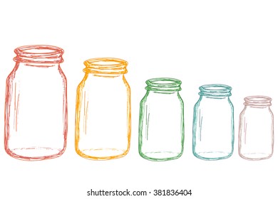 Vector hand drawn image of stylized rainbow jars of different sizes isolated on white. Design element, decoration of cooking and art themes.