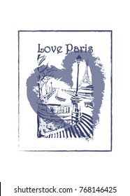 Vector hand drawn image of view of the Eiffel Tower. Winter in Paris. Post card.