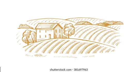 vector hand drawn image of village and landscape