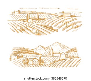 vector hand drawn image of village and landscape