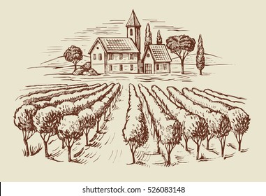 vector hand drawn image of village and landscape