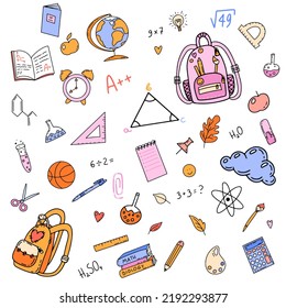 Vector hand drawn images of school stuff in doodle style. Collection of different colored school things. Education concept.