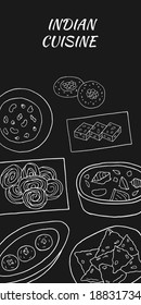 Vector hand drawn of indian cuisine poster with jalebi, barfi, malai kofta, korma, rasmalai, samosa. Design sketch element for menu cafe, restaurant, bakery. Illustration on a dark background.