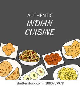 Cartel vector de la cocina india con aloo gobi, biryani, laddu, naan, jalebi, sandesh. Diseño de boceto para la cafetería de menú, bistró, restaurante, panadería. Ilustración en un fondo oscuro.