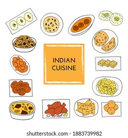 Vektor handgezeichnet von indianischer Küche mit Aloo gobi, biryani, Curry, Kofta, naan, navratan, pakora, rasmalai. Design-Skizze Element für Menü Cafe, Restaurant. Illustration auf weißem Hintergrund.