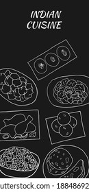 Vektor handgezeichnet von indianischem Kochplakat mit Aloo gobi, biryani, laddu, naan, pakora, sandesh, hähnchentandoori. Design-Skizze Element für Menü Cafe, Restaurant. Illustration auf dunklem Hintergrund.