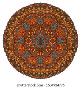 Vector hand drawn indian mandala. Ethnic star flower with colorful ornament.  Illustration border frame in doodle style.