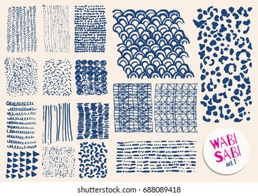 Vector hand drawn indigo textures. Hipster grunge drawings. Stripes, brushes, spots, blots, dots, triangles, waves and grids. Japanese brushstrokes. Boho print.  