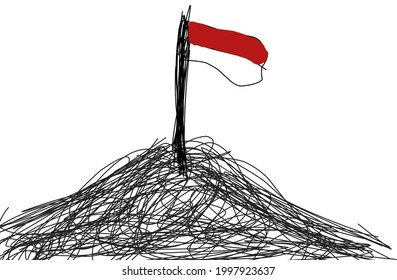vector hand drawn Indonesian flag on a mound of earth, for the anniversary of Indonesia's independence year