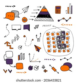Vector hand drawn infographic illustration. Set of business and finance doodles icons. Sketch of business processes, idea, startup. Concept visual business strategy, project. Set of hand-drawn arrows.