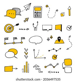 Ilustración de infografía dibujada a mano por vectores. Juego de íconos del doodles de negocios y de oficina. Esbozo de la estrategia de negocio visual conceptual, proceso. Grupo de objetos aislados, flechas, elementos para la presentación.