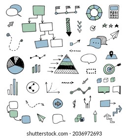 Vector hand drawn infographic illustration. Set of business doodles icons. Sketch of business processes. Concept visual business strategy, project. Set of hand-drawn arrows, elements for presentation.