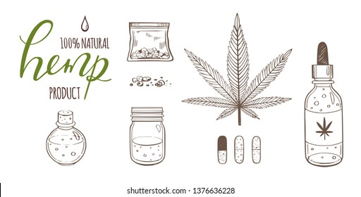 Vector hand drawn Infographic set of medical Cannabis , marijuana, hemp.  Pills,  bottles, oil and other medicinal cannabis symbols