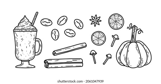 Vector hand drawn ingredients for pumpkin spice latte - coffee with froth, cinnamon rolls, pumpkin, orange, clove, anise star.