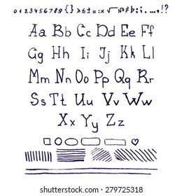 Vector hand drawn ink alphabet with digits and punctuation marks for your design