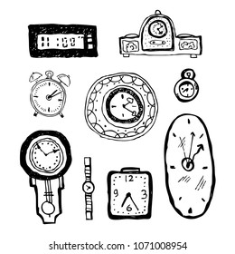 Vector hand drawn ink black and white cartoon illustration of different clocks on white background