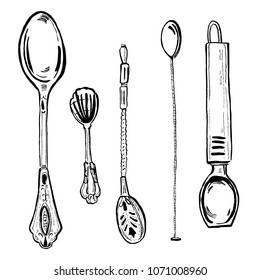 Vector hand drawn ink black and white stylized set of different atique spoons on white background