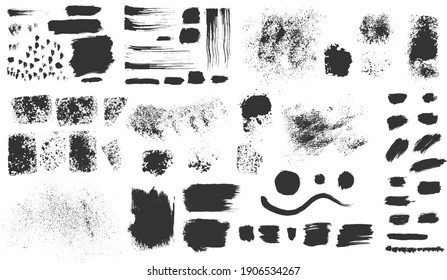 Vector hand drawn ink design elements. Sponge stamps, dry brush marks, splatter sprinkles, wave, black frames. Set of grunge black artistic brushstroke design elements isolated on white background