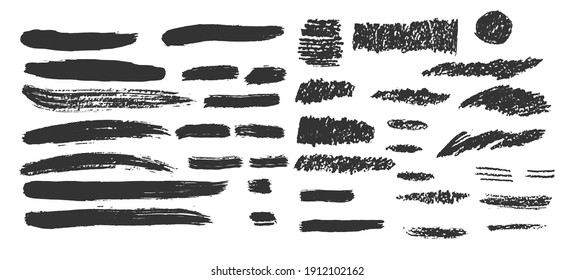 Vector hand drawn ink design elements. Brush strokes and pastel, pencil textures. Set of grunge black artistic brushstroke design elements isolated on white background