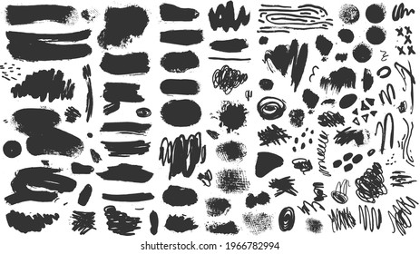 Vector hand drawn ink design elements. Sponge stamps, dry brush marks, splatter sprinkles, pastel pencil textures. Set of grunge black artistic brushstroke design elements isolated on white background