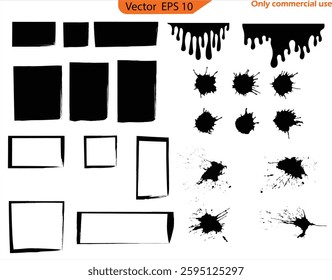  Vector hand drawn ink design elements. Sponge stamps, dry brush marks, splatter sprinkles, pastel pencil textures, template, paint shapes with spots and drops. Vector graphic set. 