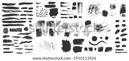 Vector hand drawn ink design elements. Sponge stamps, dry brush marks, splatter sprinkles, pastel pencil textures. Set of grunge black artistic brushstroke design elements isolated on white background