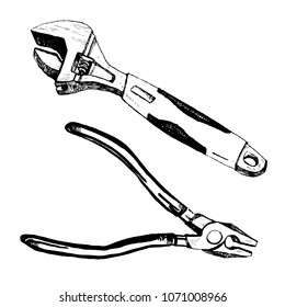 Vector hand drawn ink illustration with adjustable wrench and pilers black and white