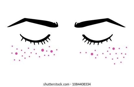 Vector hand drawn ink illustration with closed eyes and eyebrows. Black and pink on white background. Design for prints, textile, posters and web in beauty industry