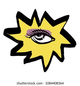 Vector hand drawn ink illustration with woman eye and flash. Black and yellow on white background. Design for prints, textile, posters and web in beauty industry