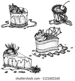 Vector hand drawn ink illustration. A set of different kinds of desserts with fruits. Monochrome illustration isolated on white background