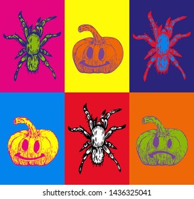 Vector hand drawn ink illustration of few multicolored spiders and pumpkin lanterns on background in different colors to Halloween. Pop art Andy Warhol style.