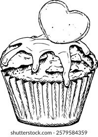 Ilustração de tinta desenhada à mão vetor de cupcake com glacê pingando, doce de caramelo em forma de coração. Perfeito para o projeto do Dia dos Namorados, tema de panificação ou casamento, embalagens de doces, cardápio de padaria, pastelaria